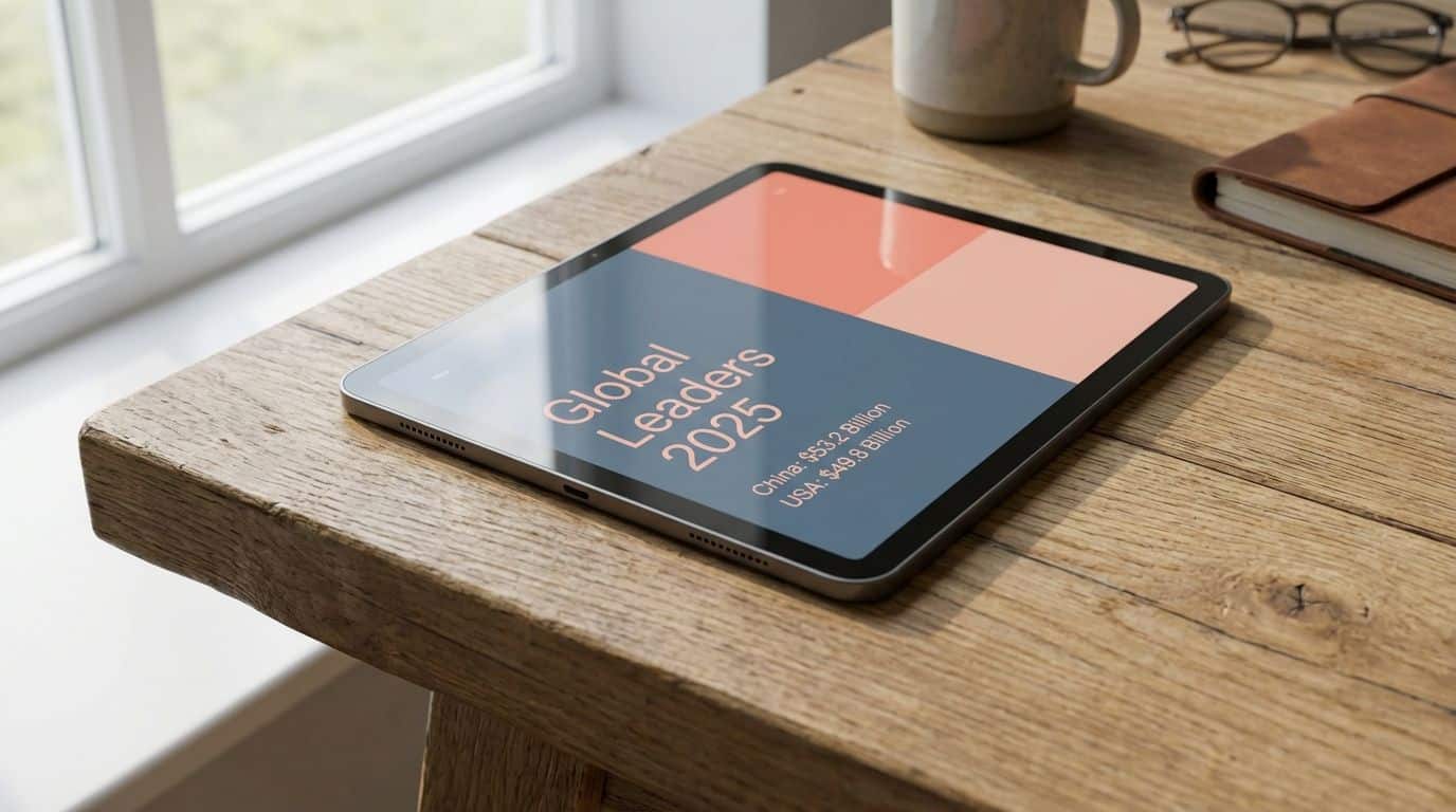 Innovative tablet displaying global economic statistics, emphasizing leadership trends into 2025, suitable for tech-savvy professionals interested in global markets and economic forecasts.