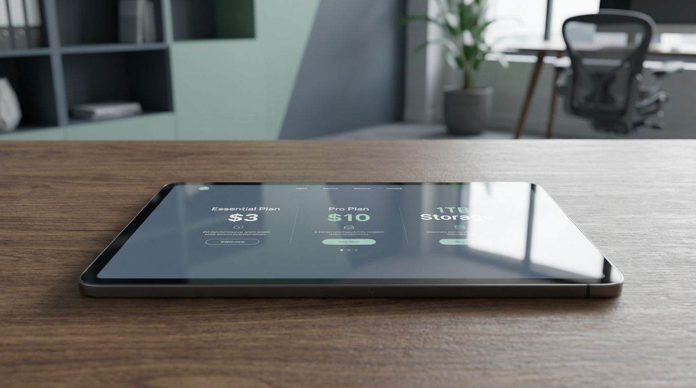 A close-up of a tablet screen displaying Torbox pricing plans with specific dollar amounts. A sleek tablet displaying various affordable tech plans, including essential, pro, and storage options, on a wooden desk in a contemporary office environment, highlighting tech solutions and digital connectivity.