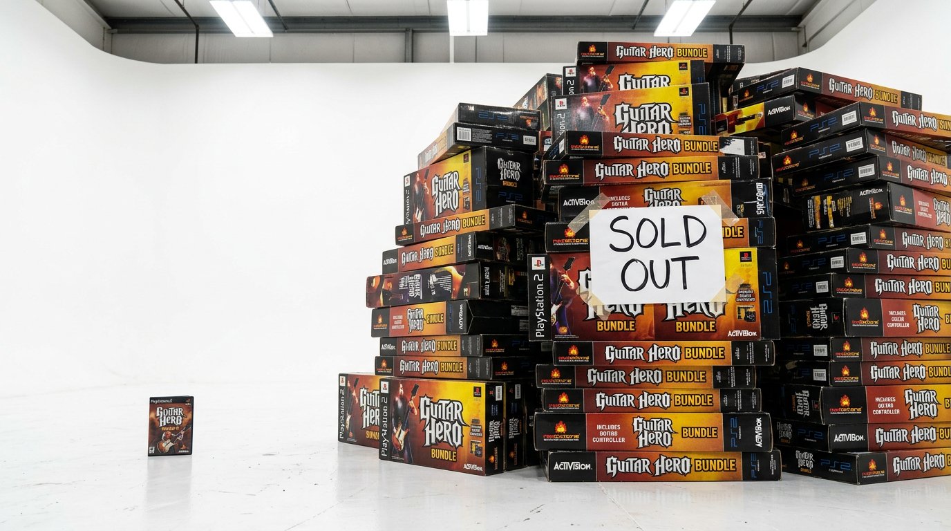 The Accidental History of Guitar Hero 2 A large pile of Guitar Hero video game boxes with a "Sold Out" sign, displayed in a bright, modern retail space, highlighting the game's popularity and cultural impact.