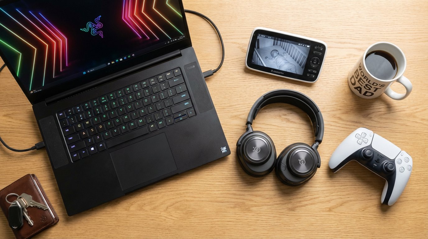 How To Game As A Dad: Tips for Busy Parents and Pro Gamers 2 Gaming setup with laptop, headphones, smartphone, coffee mug, and gaming controller for busy dads and pro gamers. Perfect for multitasking and gaming on the go, this image highlights essential gear fo.