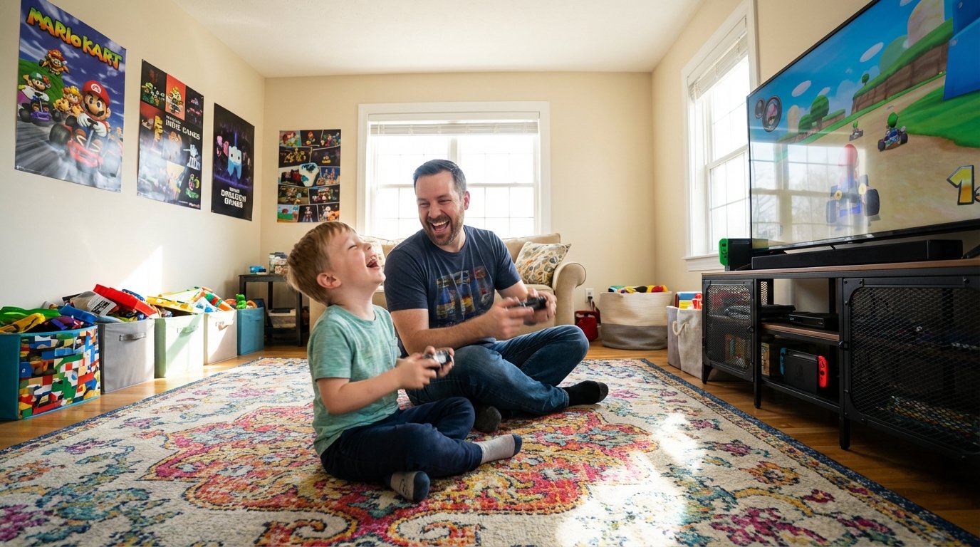 How To Game As A Dad: Tips for Busy Parents and Pro Gamers 3 Dad and son playing video games together in a bright, cozy living room, enjoying quality time and bonding over gaming.