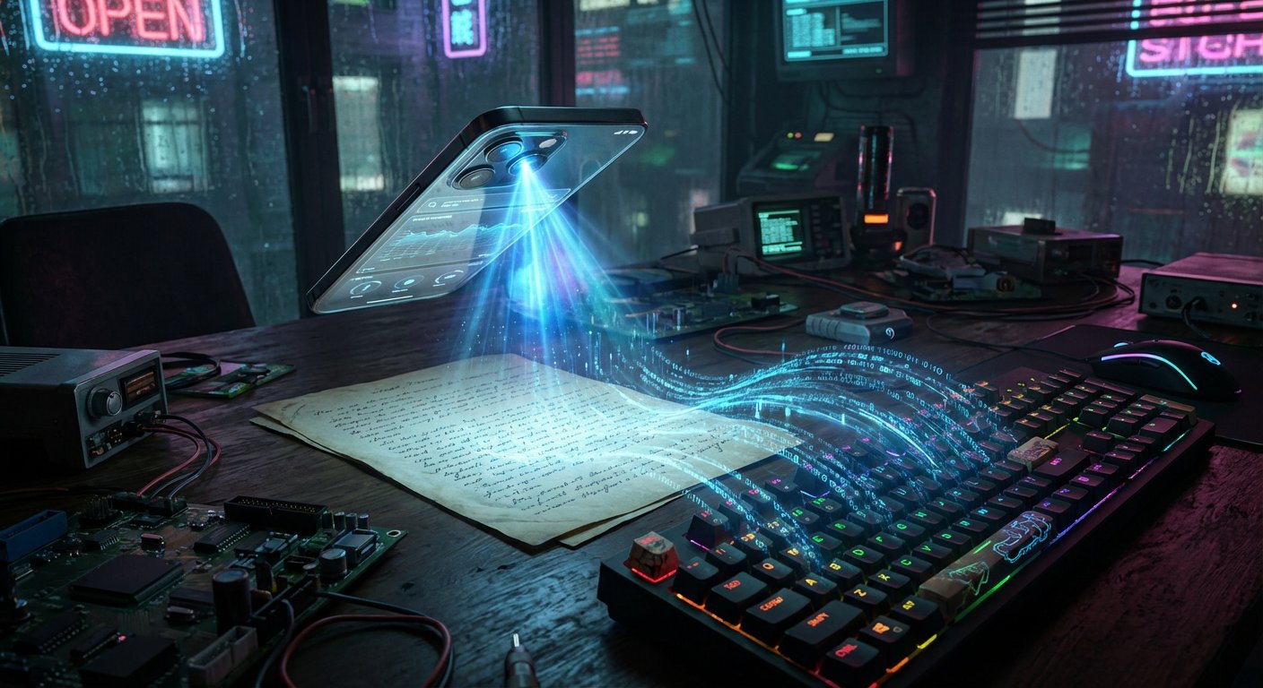 How to Send a Fax From Your Gaming PC Without Spending a Dime 2 An advanced holographic projection from a smartphone displaying digital data and light effects, set in a high-tech workspace with electronic devices and neon lighting.
