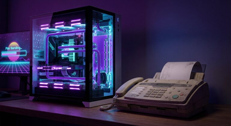 Custom gaming PC with vibrant RGB lighting and advanced cooling system, placed on a desk alongside a traditional office phone, showcasing modern tech setup.