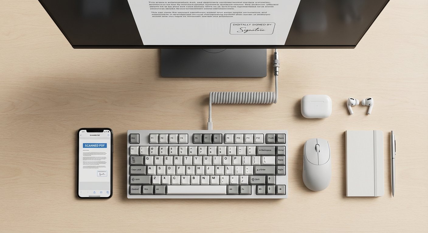 How to Send a Fax From Your Gaming PC Without Spending a Dime 3 Modern office workspace featuring a desktop computer, mechanical keyboard, wireless mouse, smartphone, and accessories on a light wooden desk.