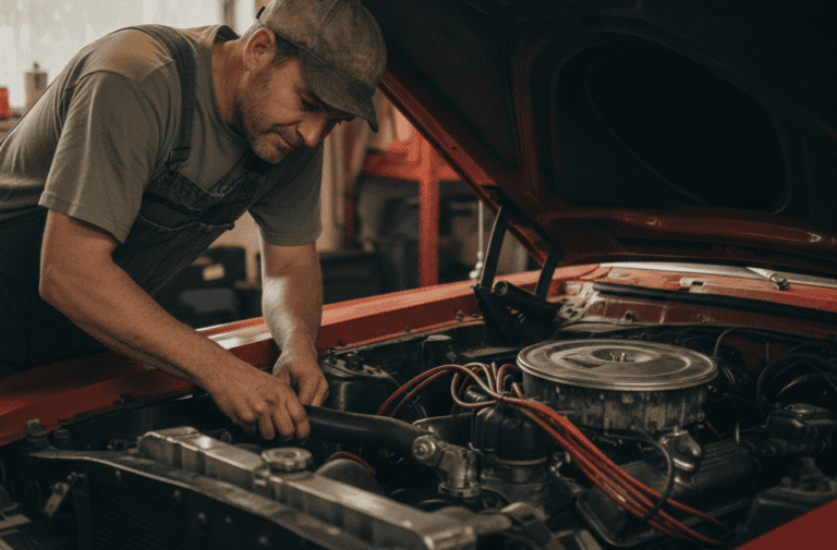 Enthusiast working on a car engine during a rebuild, emphasizing reliability and restoration for car enthusiasts.