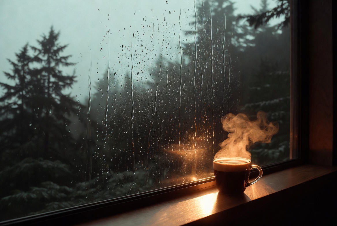 The Science of Structural Longevity and Energy Performance in Coastal Real Estate 2 Soaked window overlooking a stormy coastal landscape with evergreen trees, warm steaming coffee on the windowsill, emphasizing resilience and energy efficiency in coastal real estate.