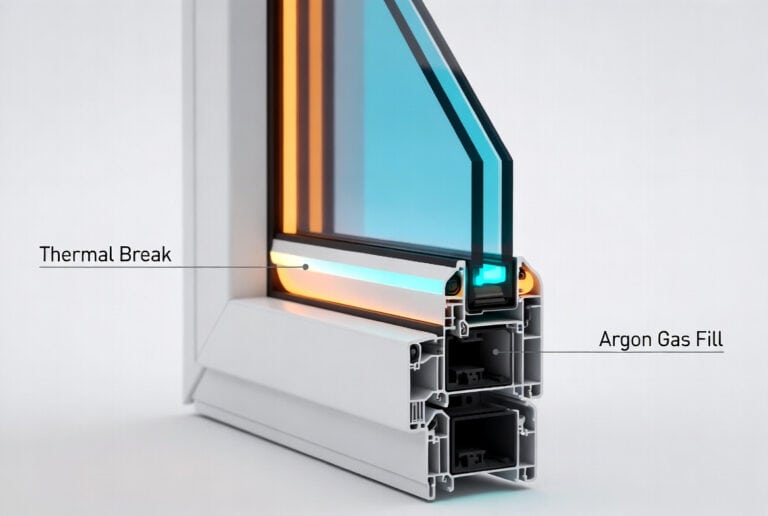 Cross-section of a high-performance coastal window showcasing thermal break and argon gas fill for enhanced energy efficiency and durability in seaside environments.