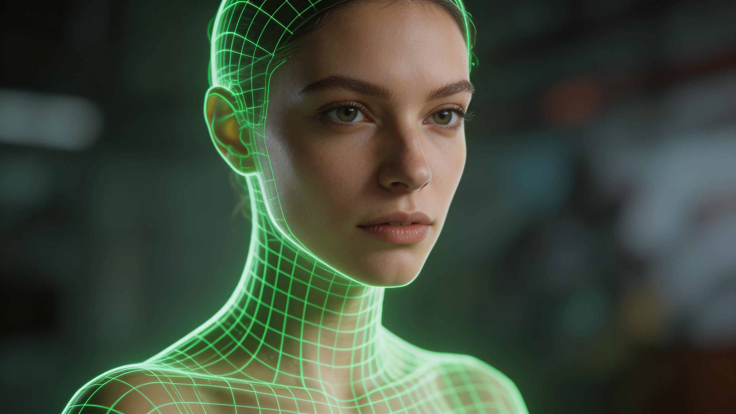Vmake Review: The Ultimate AI Video Tool for Creators? 3 AI-powered woman with digital grid overlay on face, showcasing advanced video creation technology.