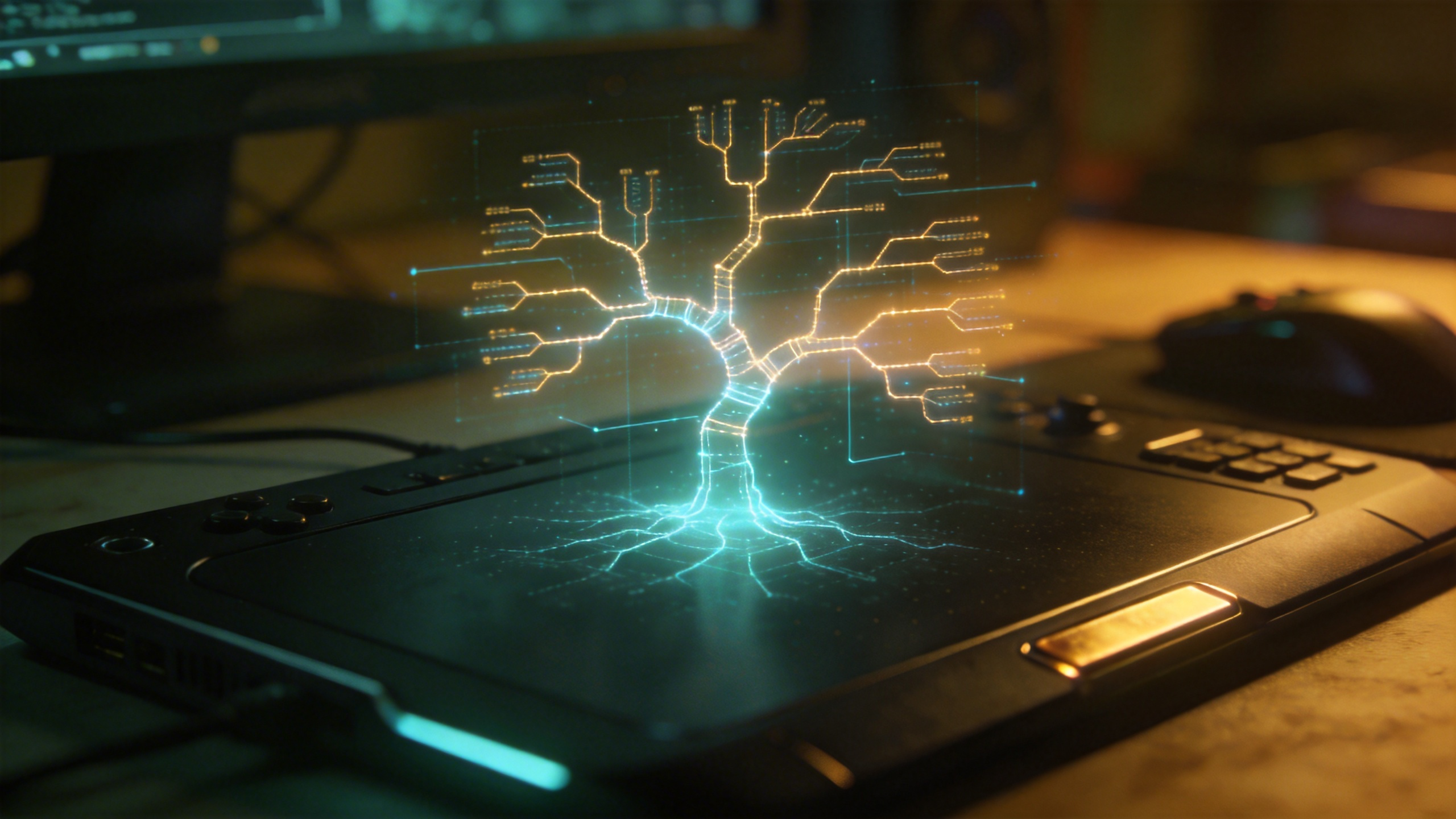 History of Adult Video Games: How Indies Beat the ESRB 2 Futuristic digital tree illustration projected on a graphics tablet, symbolizing technology and innovation in digital entertainment.
