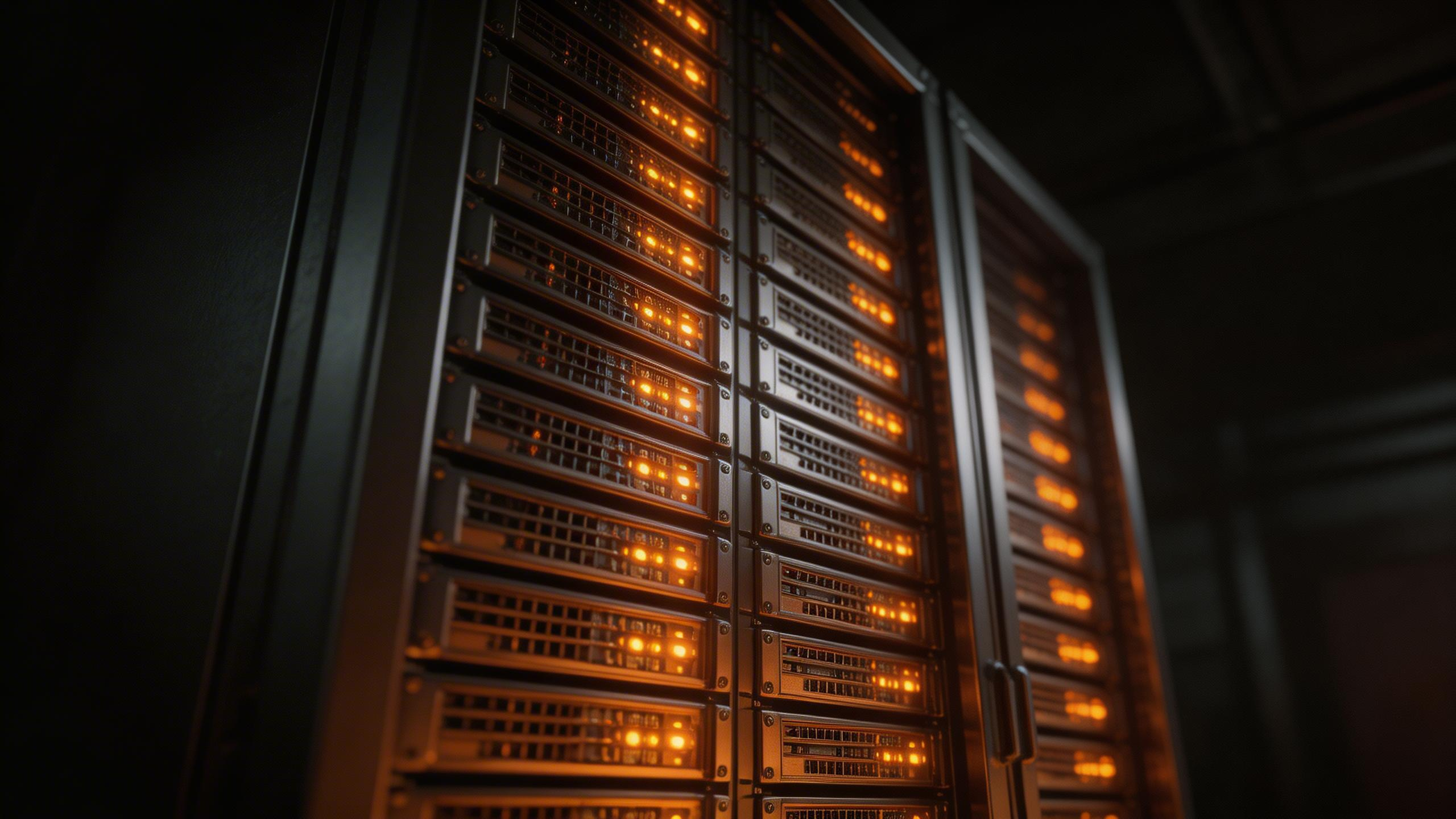 Vmake Review: The Ultimate AI Video Tool for Creators? 2 Server rack with illuminated LED indicators in a data center, representing advanced AI video processing technology.