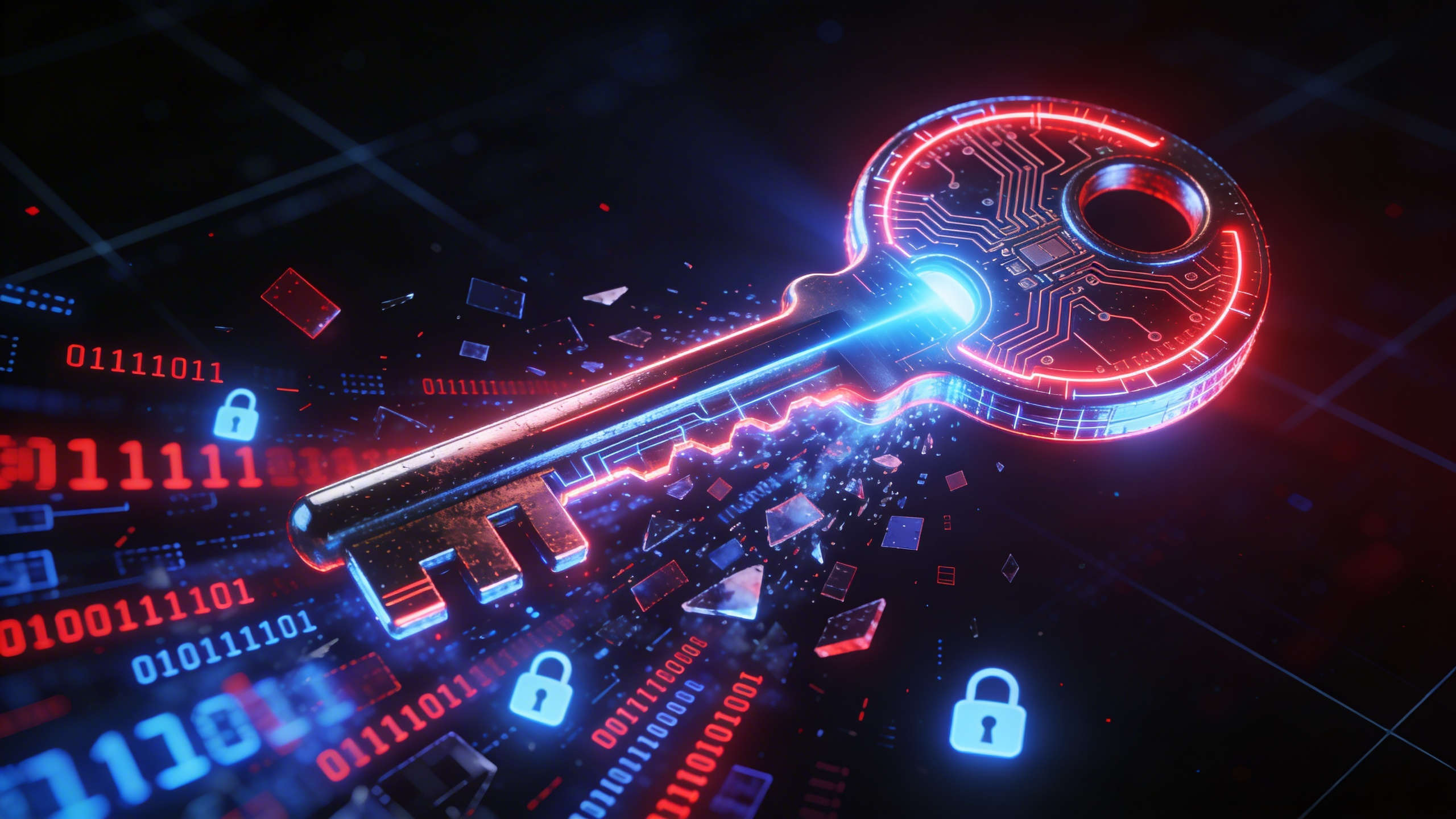 History of Adult Video Games: How Indies Beat the ESRB 4 A futuristic digital key symbolizing cybersecurity, encryption, and data access, with glowing lock icons and binary code representing digital security and online privacy.