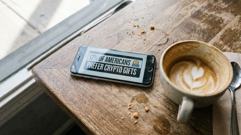 Smartphone displaying a survey about Americans' crypto gift preferences, placed next to a latte with latte art on a wooden table.