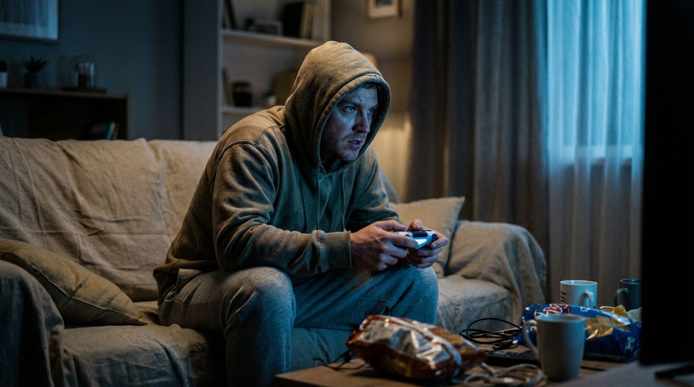 A gamer sitting in a dark living room playing Resident Evil Requiem. A gamer sitting in a dark living room playing Resident Evil Requiem.