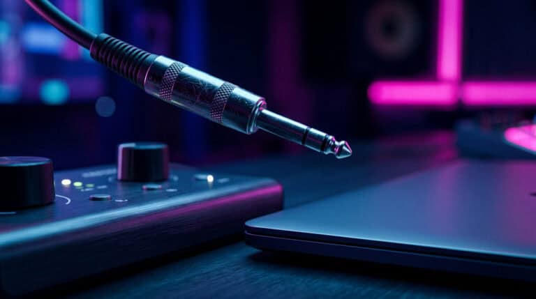 DJ equipment with microphone and laptop in a vibrant, colorful setting.
