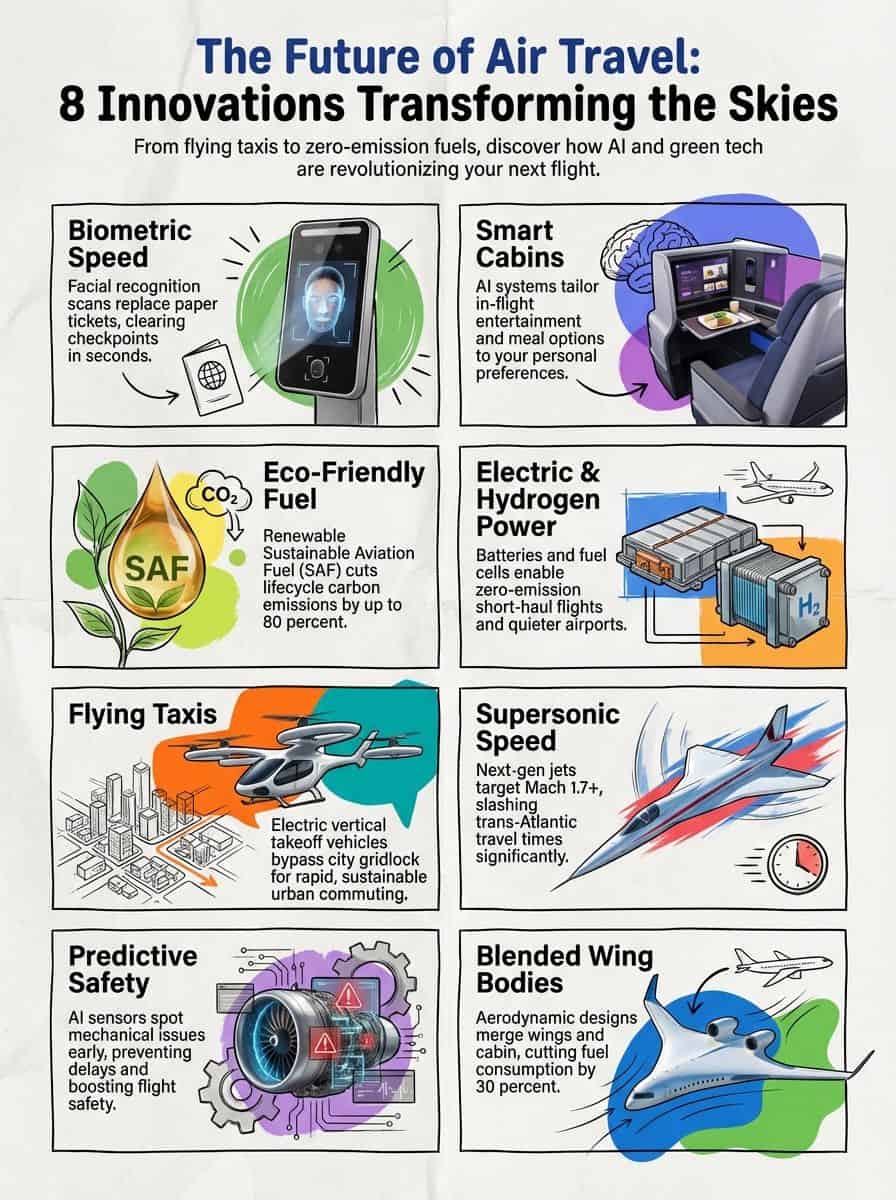 Innovative air travel technologies including biometric speed scans, smart cabins, eco-friendly fuel, electric power, flying taxis, supersonic speed, and blended wing bodies.