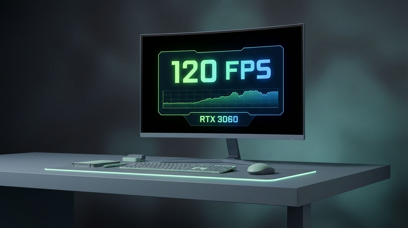 A monitor display highlighting 120 FPS performance on PC. A monitor display highlighting 120 FPS performance on PC.