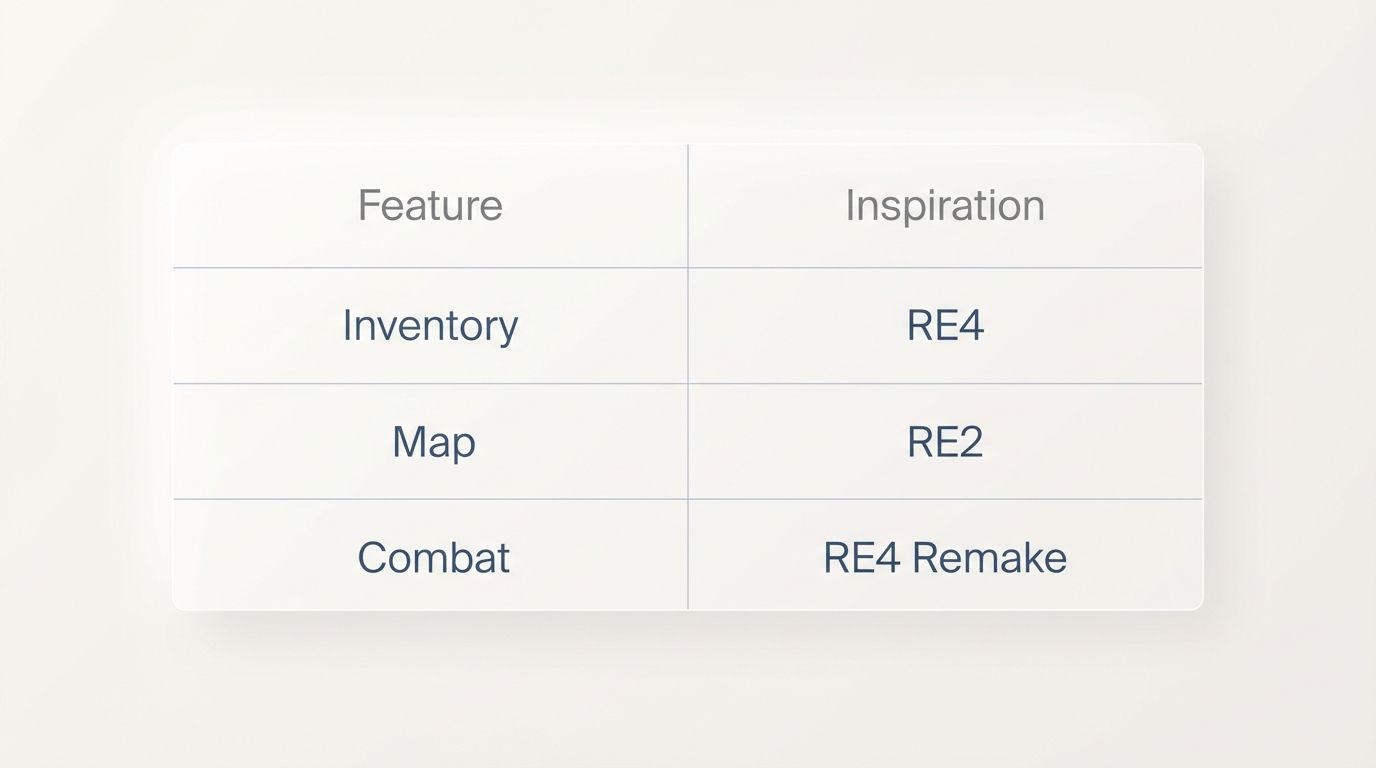 Comparison chart showing Resident Evil Requiem features versus its inspirations. Comparison chart showing Resident Evil Requiem features versus its inspirations.