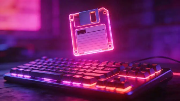 Neon floppy disk and gaming keyboard with colorful backlighting, creating a vibrant, tech-inspired aesthetic perfect for gaming and digital nostalgia themes.