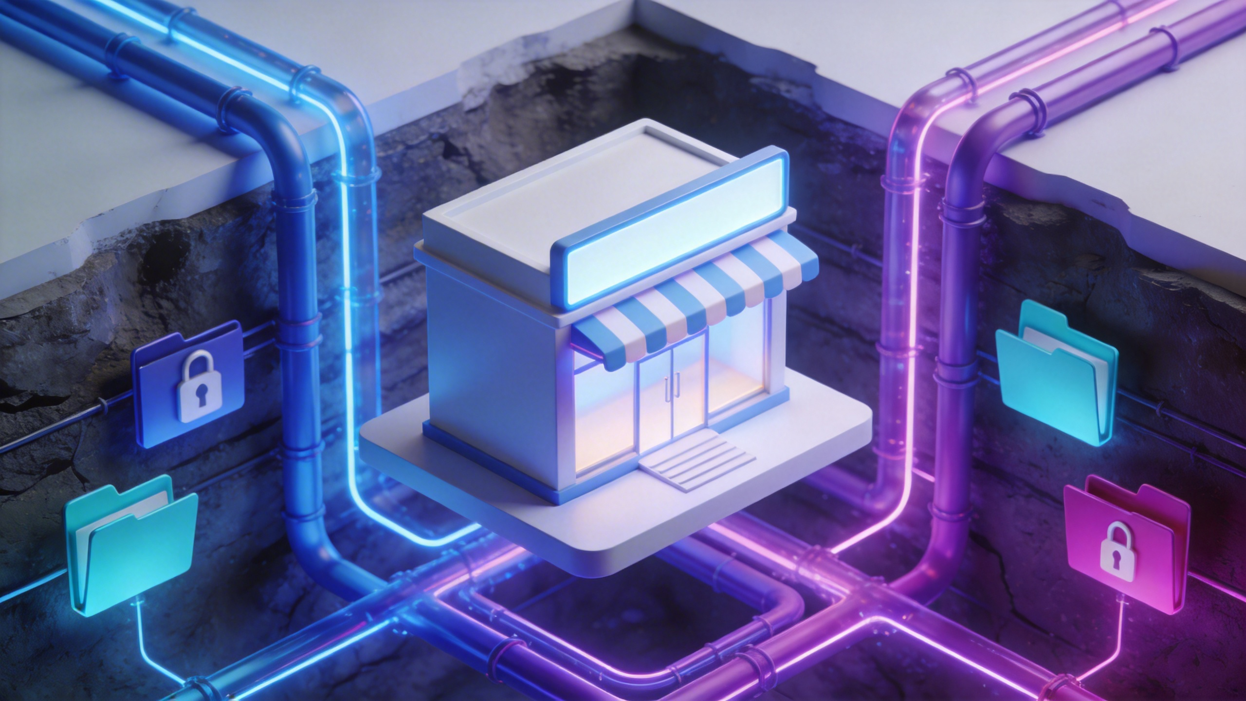 History of Adult Video Games: How Indies Beat the ESRB 3 A futuristic digital storefront connected by glowing blue and purple pipes, symbolizing secure data transfer, file sharing, and digital commerce in a high-tech environment.