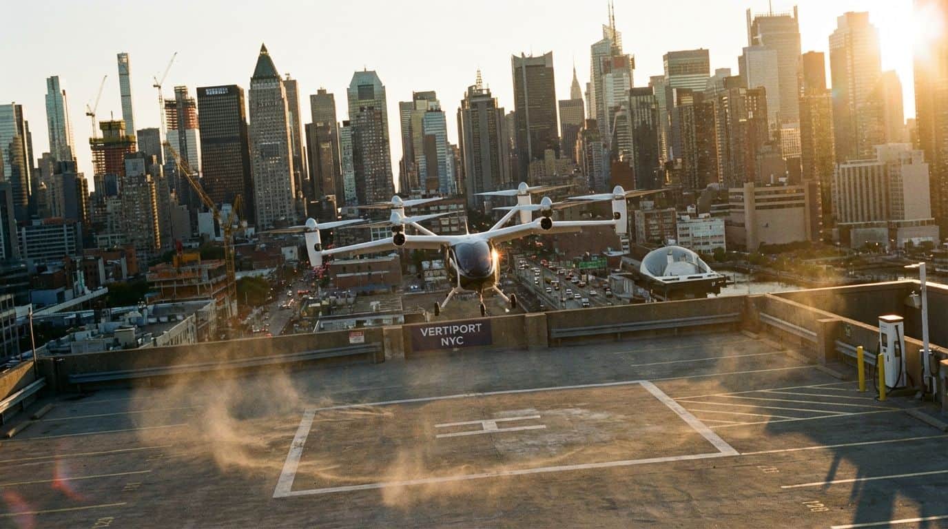 Drone landing on rooftop helipad in NYC skyline at sunset.