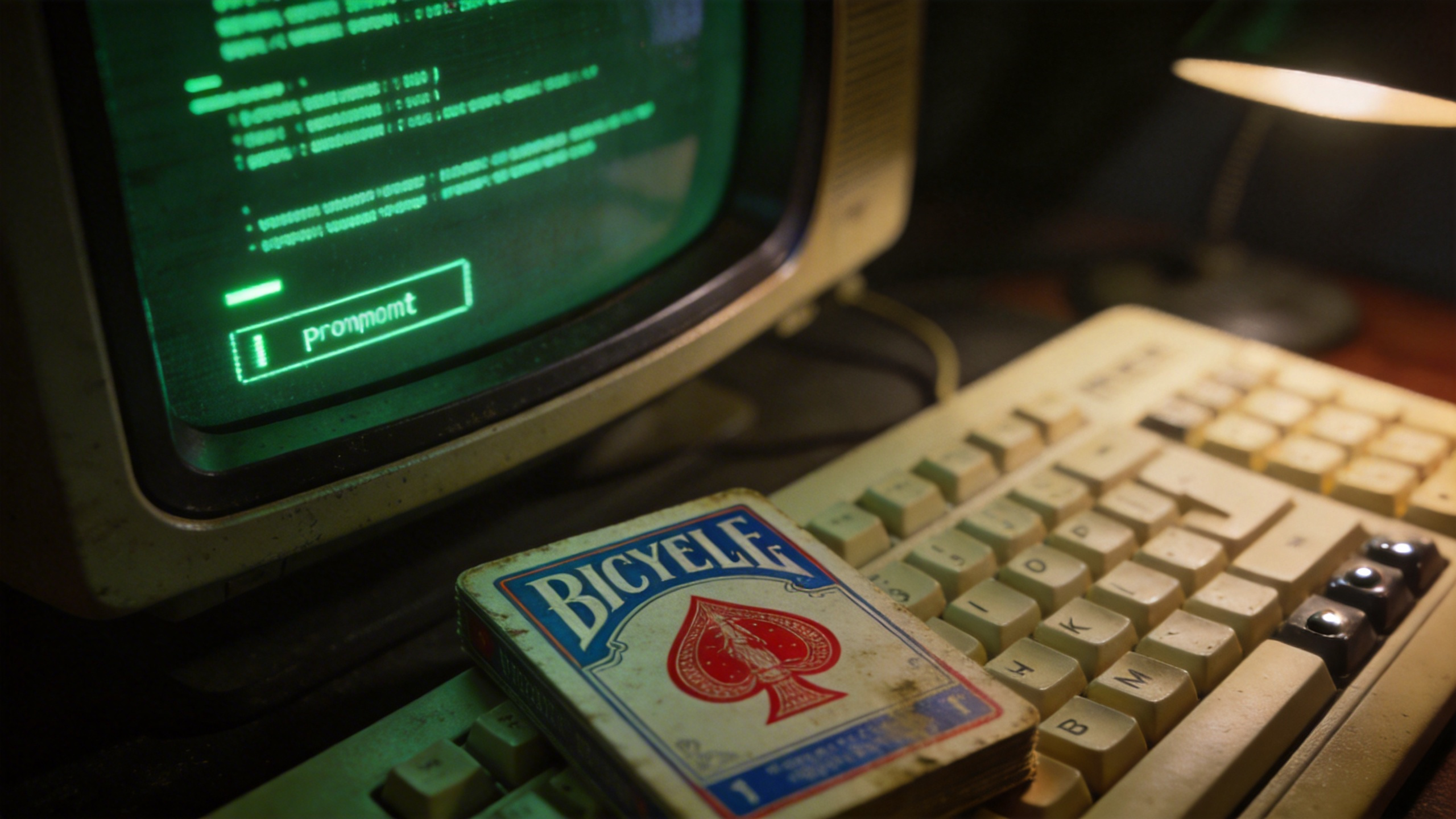 History of Adult Video Games: How Indies Beat the ESRB 5 Vintage computer monitor displaying code with a deck of Bicycle playing cards on a keyboard, highlighting the evolution of adult video games and indie developers.