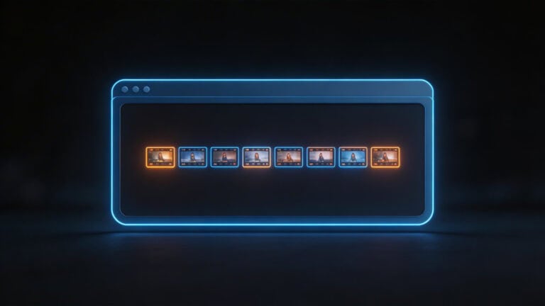Digital interface showcasing Vmake AI video creation platform with multiple video thumbnails in a sleek, futuristic design.