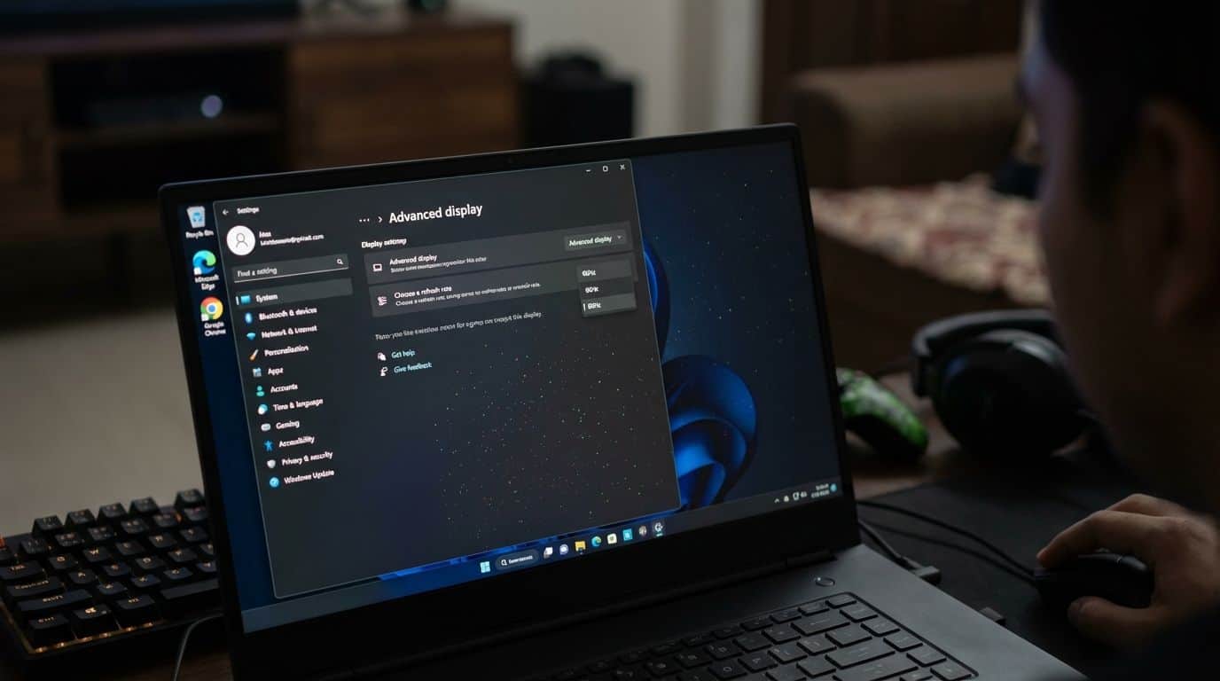 Close-up of a gaming laptop screen showing advanced display settings, emphasizing optimizing battery life for gaming sessions.