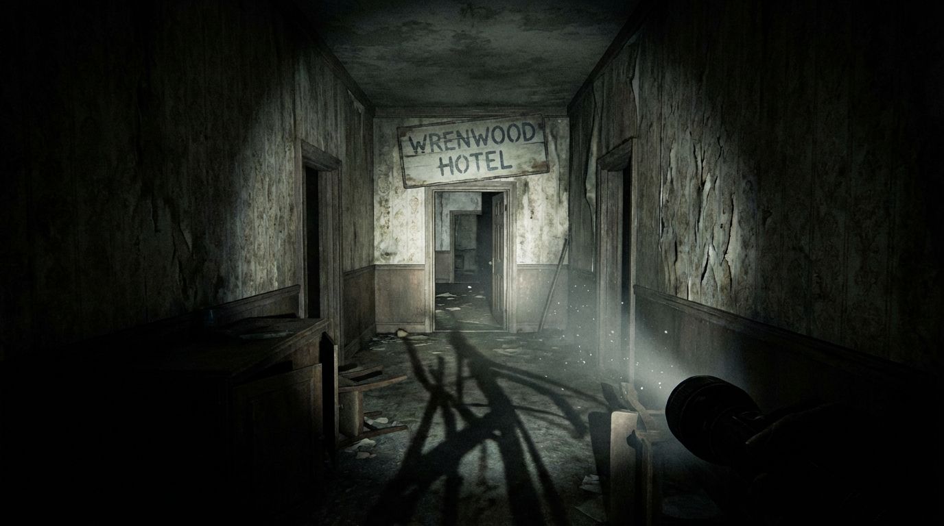 A dark, atmospheric hotel corridor in the Wrenwood Hotel showcasing lighting effects. A dark, atmospheric hotel corridor in the Wrenwood Hotel showcasing lighting effects.