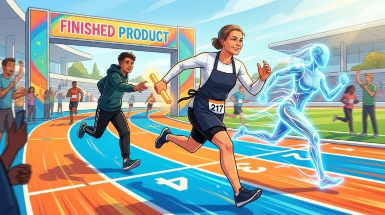 An energetic female athlete crossing the finish line with a glowing digital energy outline, symbolizing speed and innovation at a track event.