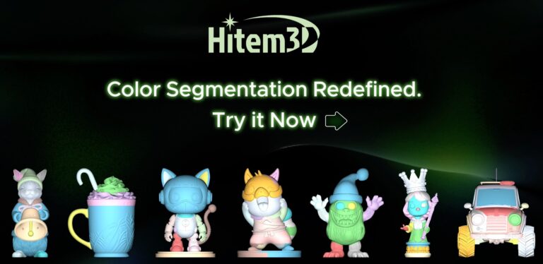 An image showcasing Hitem3D's AI-powered 3D asset generation platform with colorful, cartoon-style characters and a call-to-action for color segmentation technology.