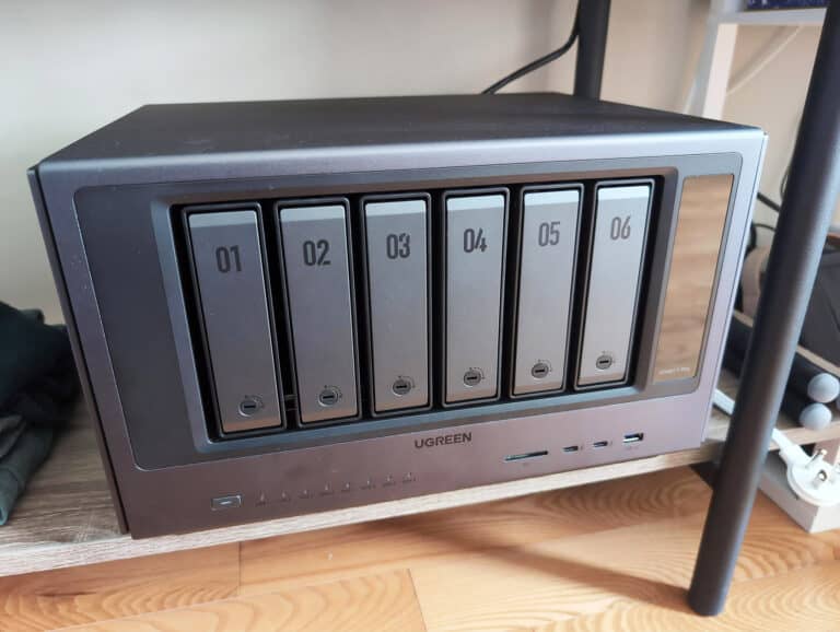 UGREEN iDX6011 Pro NAS device with six drive bays, ideal for AI homelab storage solutions and data management.