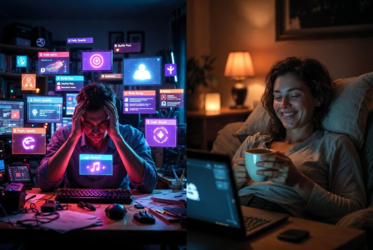 Woman enjoying casual gaming on her laptop in a cozy, dimly lit room, highlighting the stress relief benefits of gaming for digital burnout recovery.