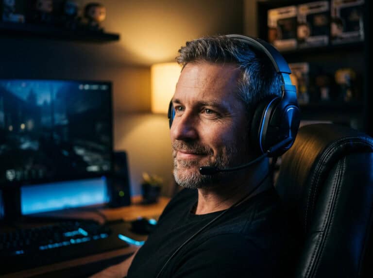 Adult male gamer wearing headphones, focused on screen, in a cozy gaming setup with monitors and ambient lighting.