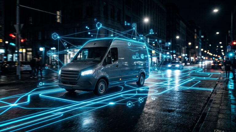 Autonomous delivery van equipped with IoT technology and real-time tracking for efficient urban logistics and field service operations.