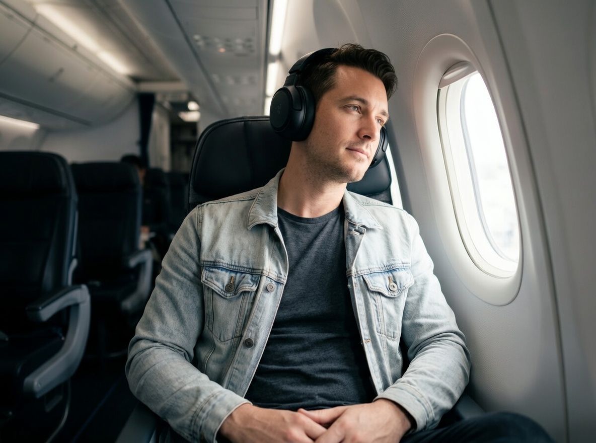 How to Game on a Plane: Power, Wi-Fi & Setup Tips 4 Passenger using headphones on a plane, gazing out the window, highlighting in-flight entertainment, Wi-Fi access, and travel gaming setup.