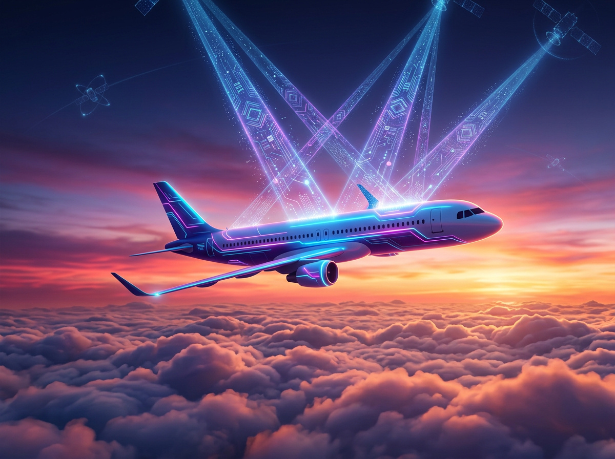 How to Game on a Plane: Power, Wi-Fi & Setup Tips 2 An airplane flying above clouds with digital signal waves and futuristic data graphics, illustrating in-flight connectivity and Wi-Fi setup tips for gaming on a plane.