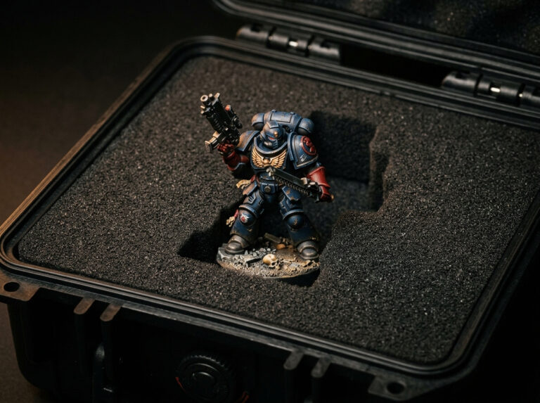 Miniature Warhammer figure stored securely in foam case for collectible preservation and protection.