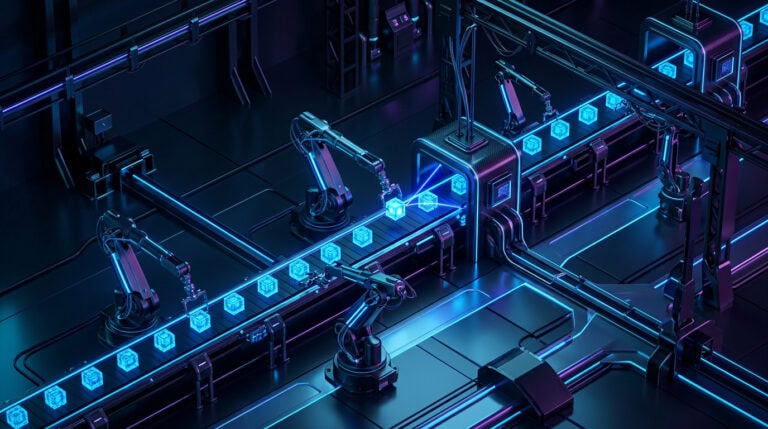 Advanced robotic arms assembling products on a high-tech manufacturing line with glowing blue and purple lighting.