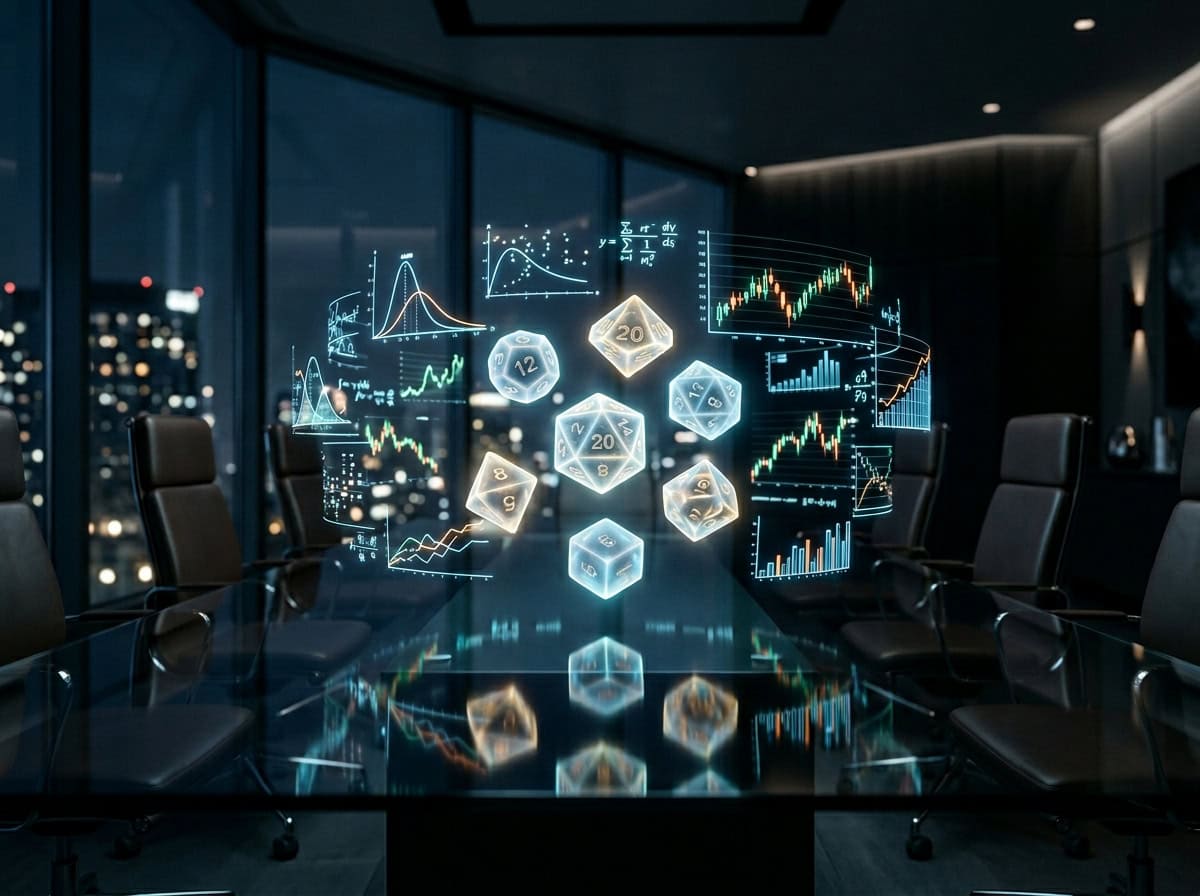 What Skills Can Gaming Improve? Career Benefits Explained 4 Digital gaming and data analysis concepts with holographic charts and dice, highlighting skills gained through gaming that can enhance professional development.