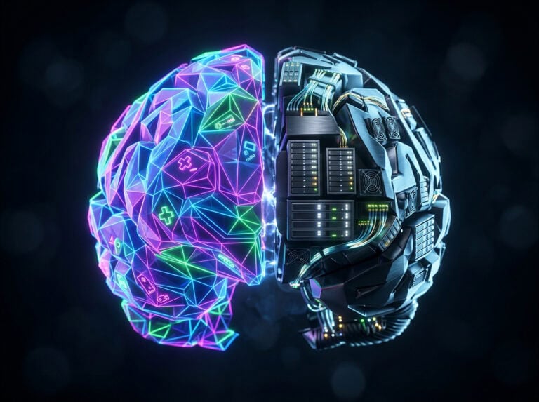 Futuristic digital brain illustration showing the integration of gaming skills with advanced neural and AI technology. Perfect for articles on gaming's impact on cognitive and career development.