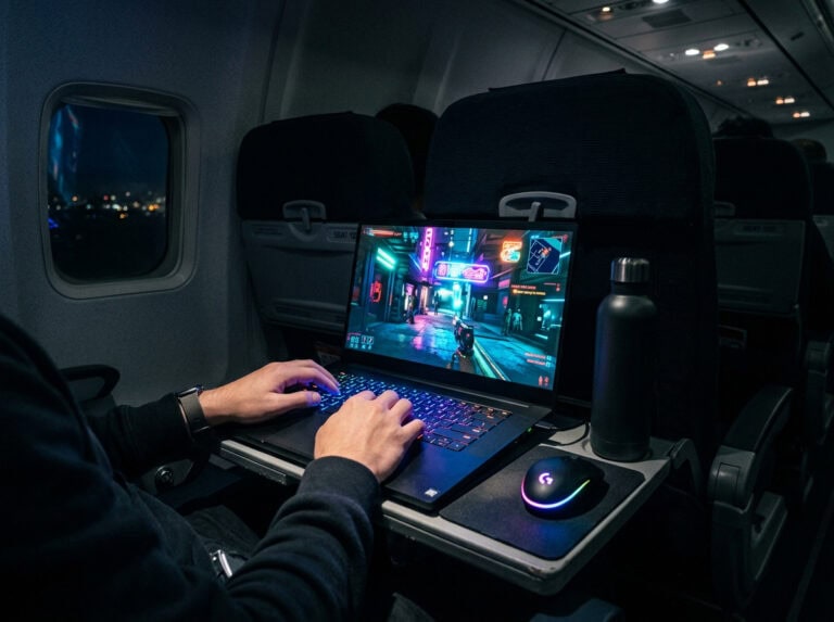 Person gaming on a laptop with Wi-Fi and power setup on an airplane, demonstrating in-flight entertainment and connectivity for travelers.