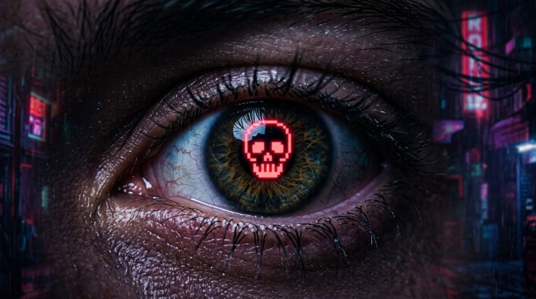 Close-up of a human eye with a digital skull icon in the iris, symbolizing risk and reward in game design, set against a futuristic city background.