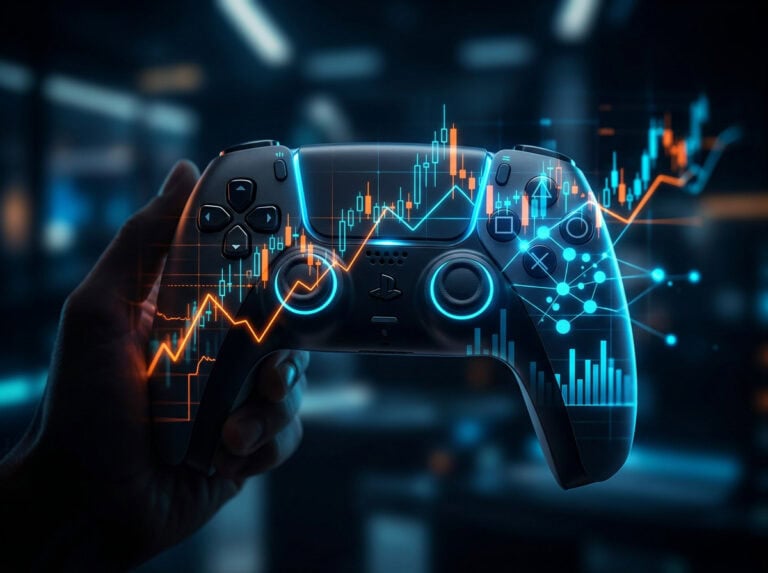 Gaming controller with digital data and analytics graphics, symbolizing skills and strategic thinking in gaming.