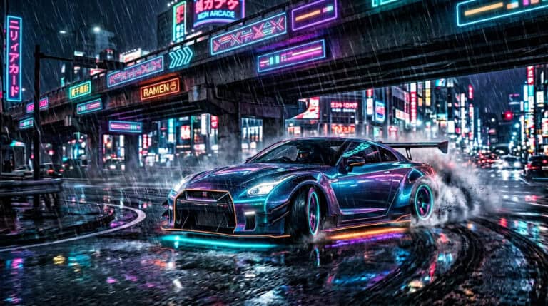 A sleek, neon-lit sports car driving through a rainy, vibrant city street at night, illuminated by colorful digital billboards and reflections on wet pavement, capturing a cyberpunk aesthetic.