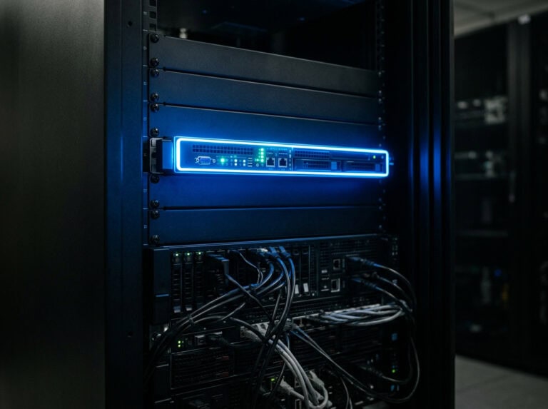 Server rack with network equipment and cabling in a data center.