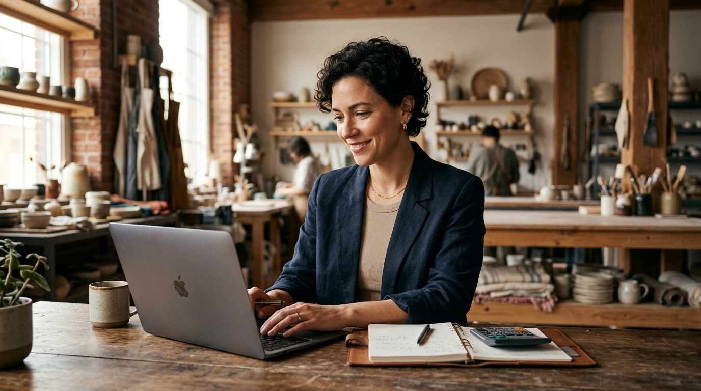 How a Small Business 401(k) Builds Team Loyalty 3 Woman working on a laptop in a cozy, creative workspace with team members in the background, emphasizing team loyalty and business growth.