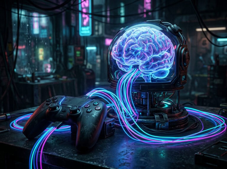 An advanced neural interface connected to a gaming controller, featuring a glowing brain inside a transparent helmet, set against a futuristic, neon-lit gaming environment.