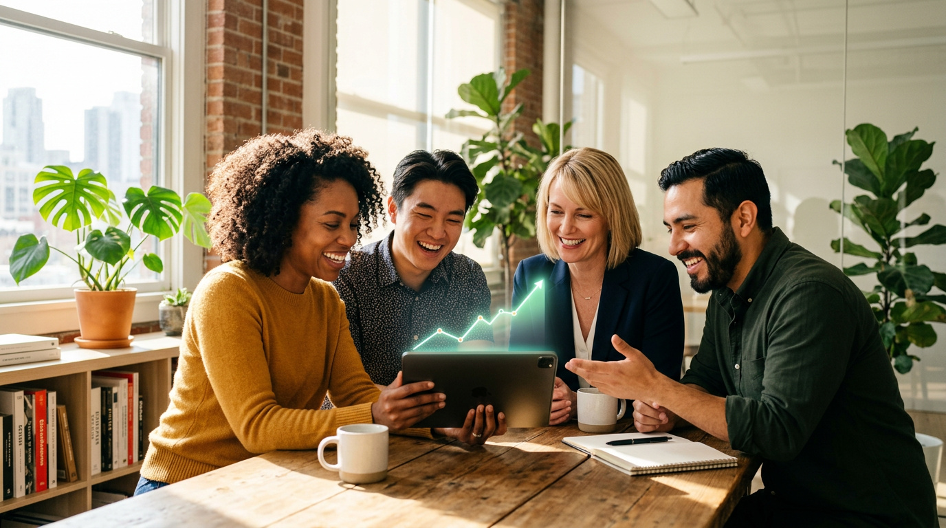 How a Small Business 401(k) Builds Team Loyalty 1 Diverse team of professionals discussing a 401(k) plan for small business team loyalty in a modern office.