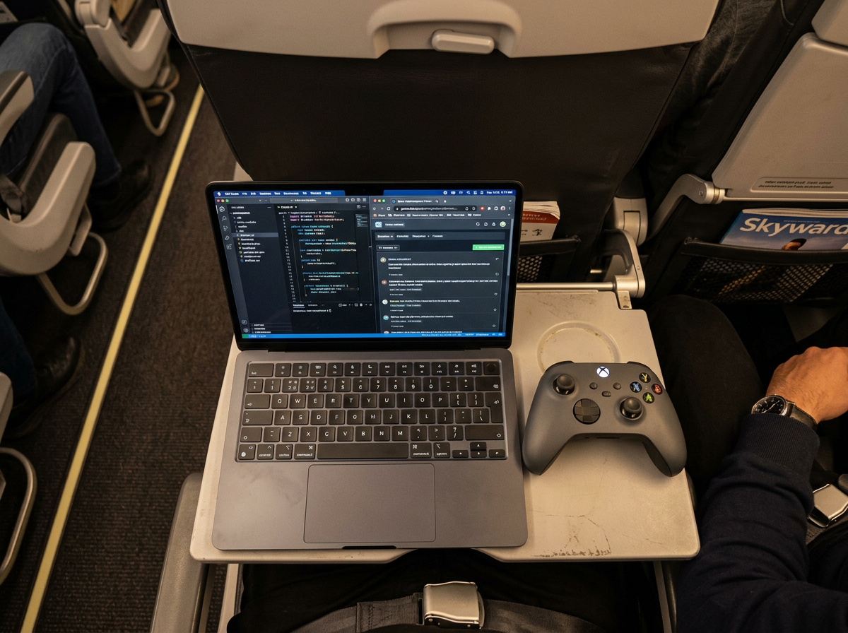 How to Game on a Plane: Power, Wi-Fi & Setup Tips 3 Gaming on a plane with a laptop and controller for an optimal in-flight experience.