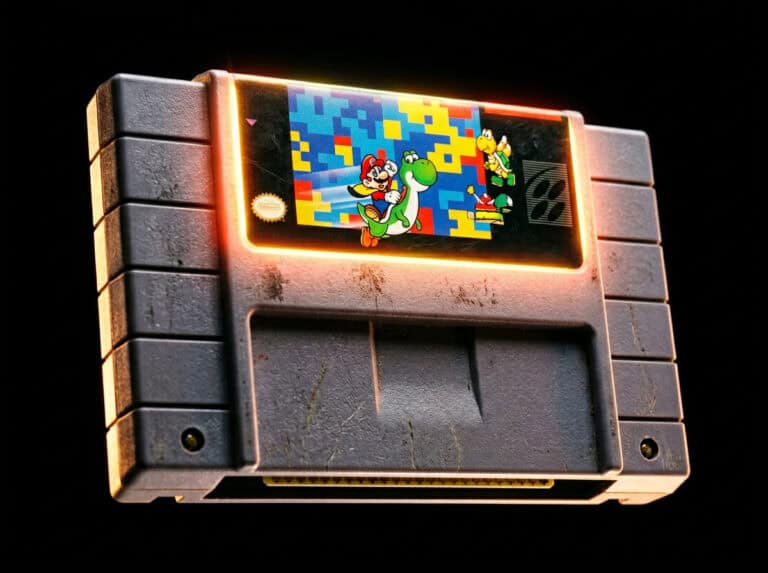 Vintage gaming cartridge featuring Super Mario and Tetris pixel art, highlighting retro video game nostalgia and classic gaming culture.